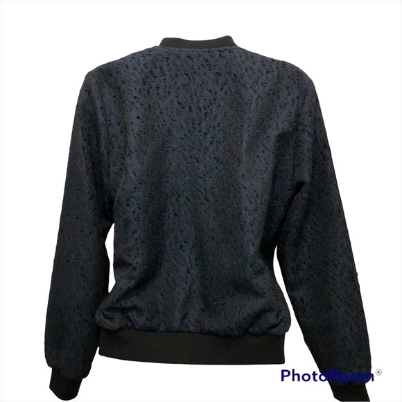 H&M Jacket Boucle Bomber Baseball Style Navy with Black Ribbed Collar &  Cuffs 8 - Picture 6 of 6